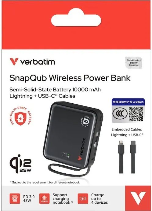 Verbatim SnapQub 10000mAh Qi2.2 L+C 半固態磁吸無線流動充電池 (Lightning +USB-C Cable)(3C認證+二維碼）