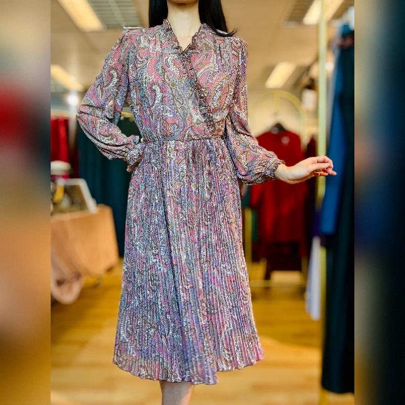 Vintage Purple Paisley Pattern Accordion Pleated Dress with Ruffle Trim (PP001-31)