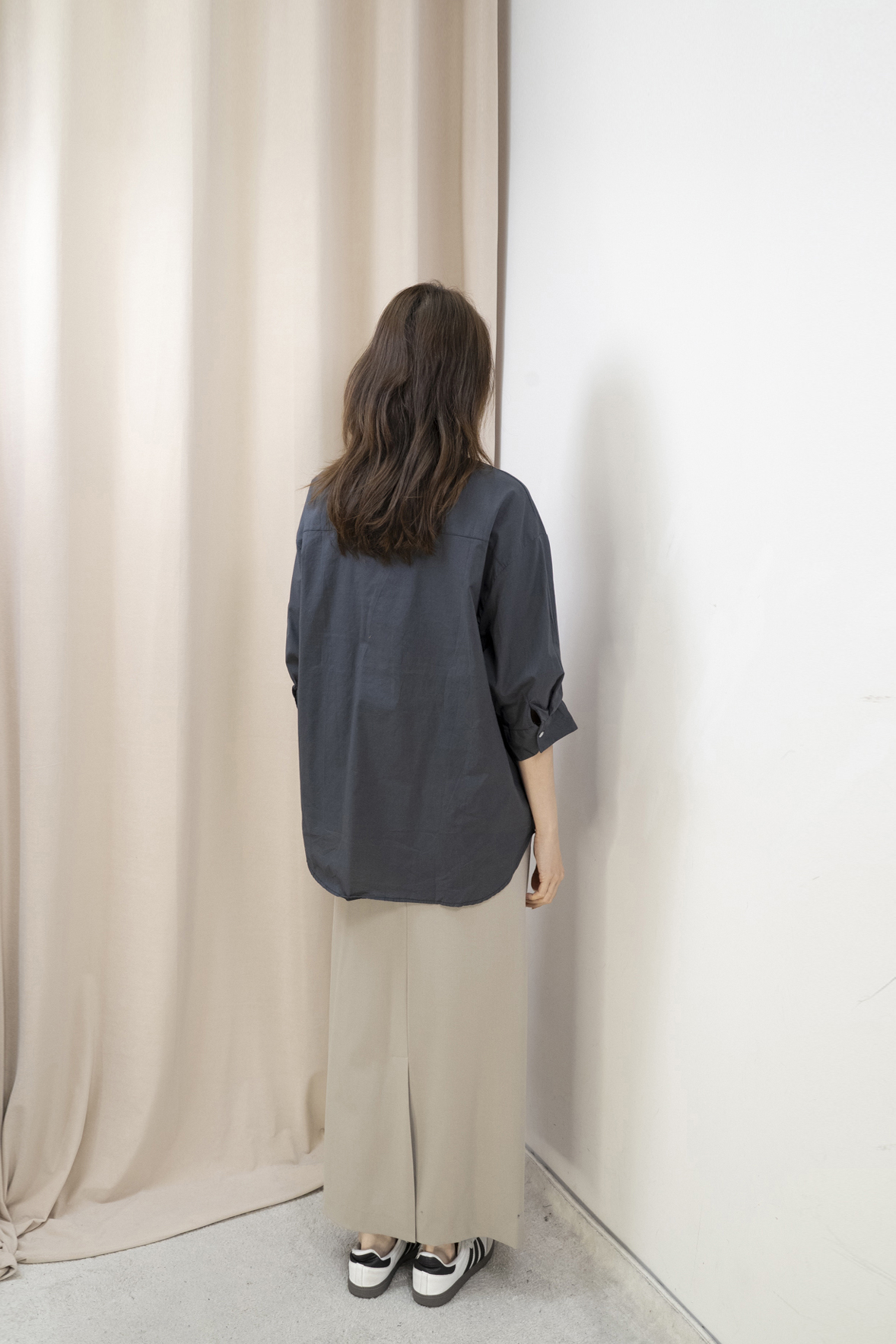 輕薄棉質恤衫襯衣(灰藍色）