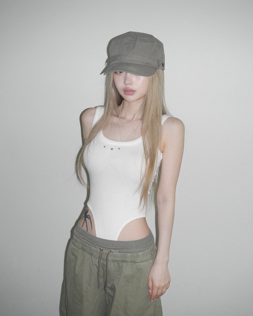 Ribbed Studded High-Cut Bodysuit