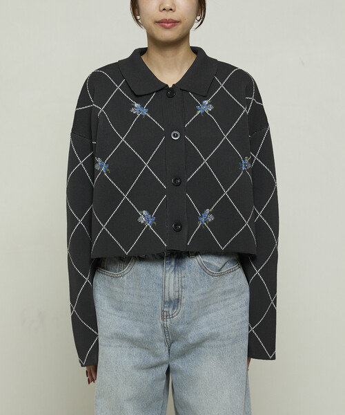 線條菱形花卉刺繡短短外套