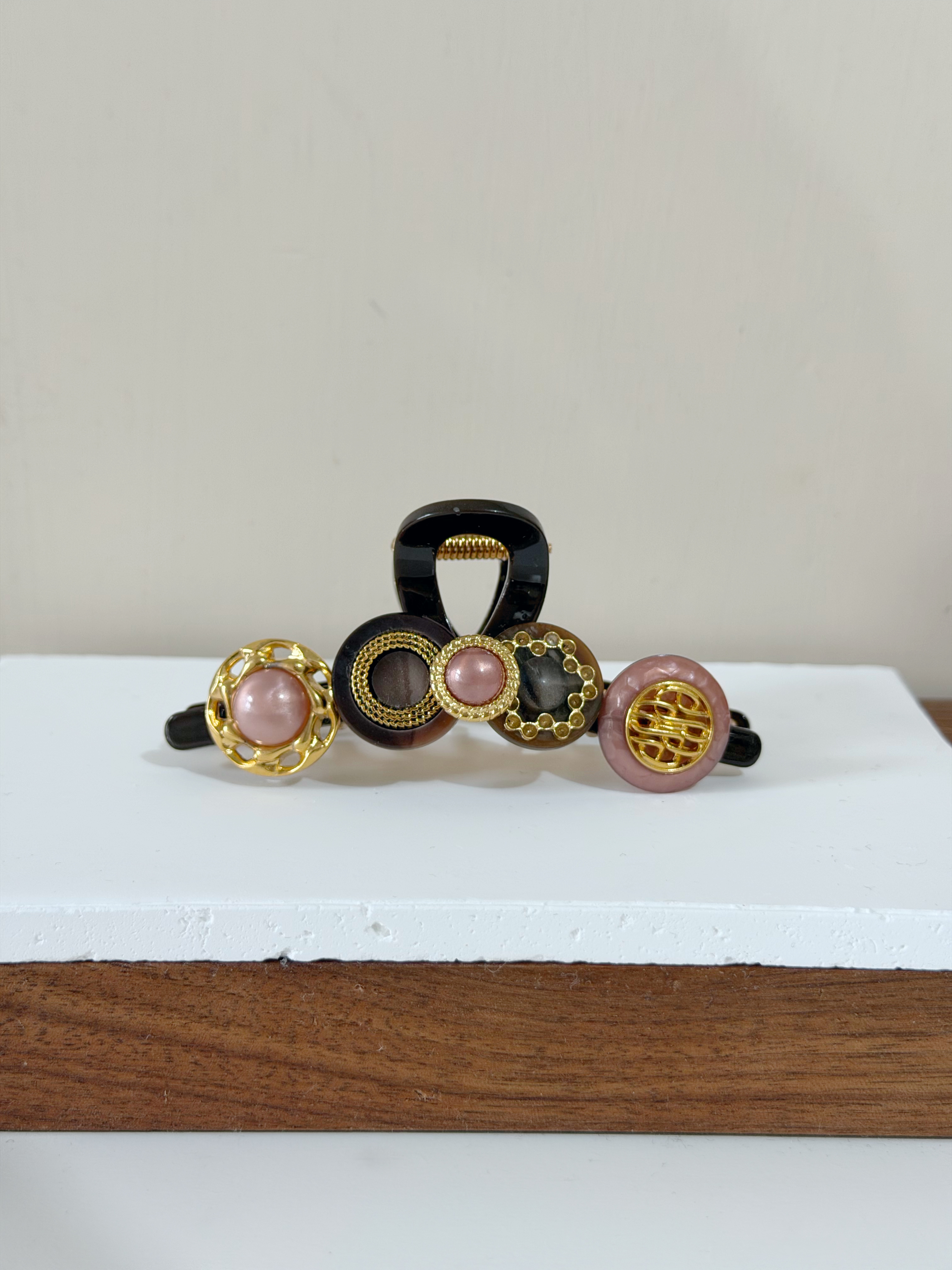 復古鈕扣髮夾/啡色系 8cm長