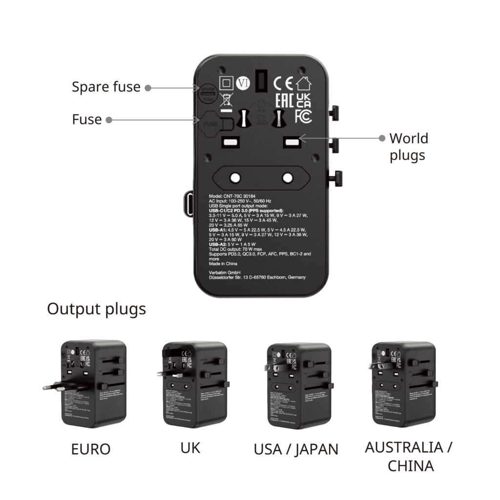 香港行貨 2年保養  Verbatim 威寶 Charge 'n' Travel 70W 通用旅行轉插 (附USB-C可伸縮充電線) 30184