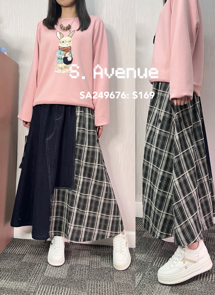 SA249676: 橡筋腰牛仔拼格仔長裙