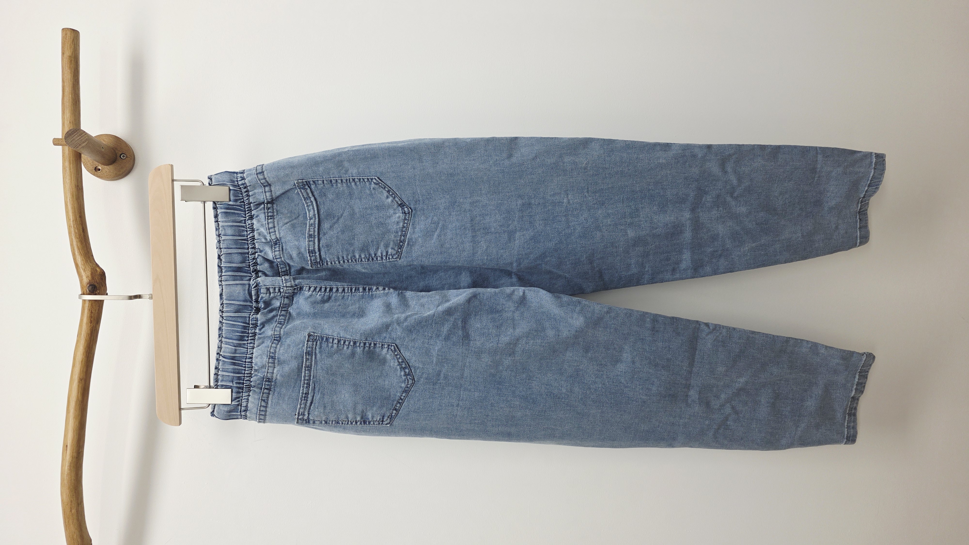 韓國淺藍哈哈笑心心印圖修腳橡筋牛仔褲