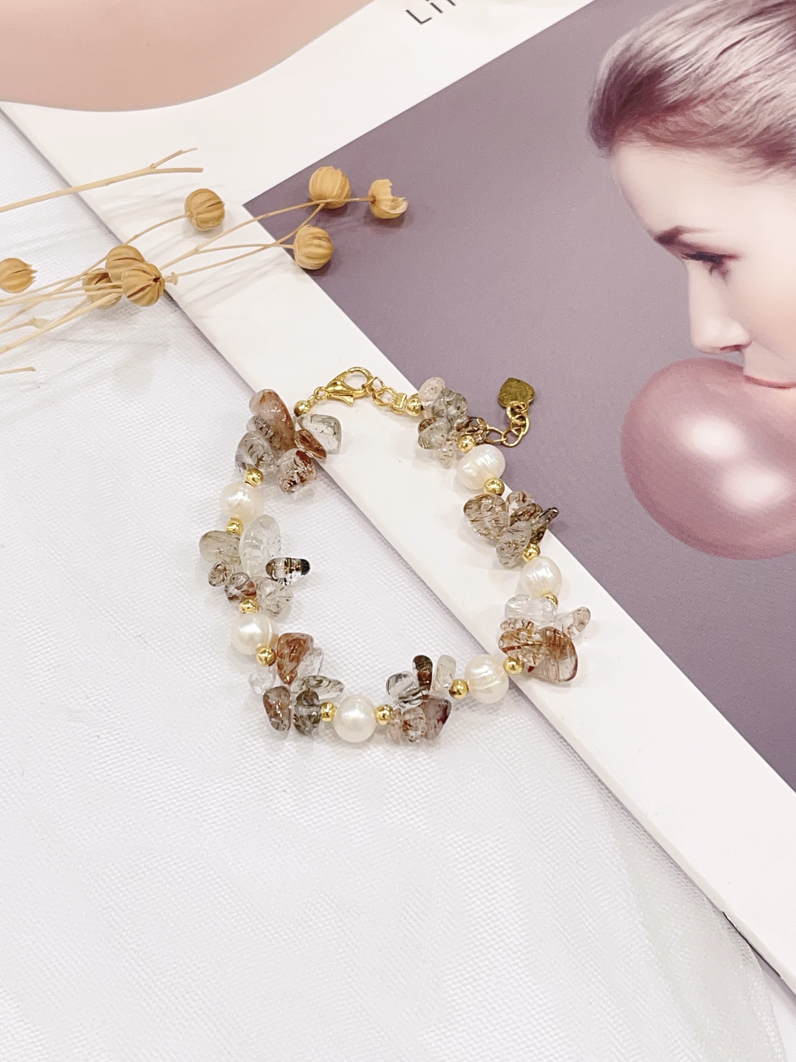 🌈 彩发晶多宝碎石 × 珍珠手串 Multicolor Rutilated Quartz Chips & Pearl