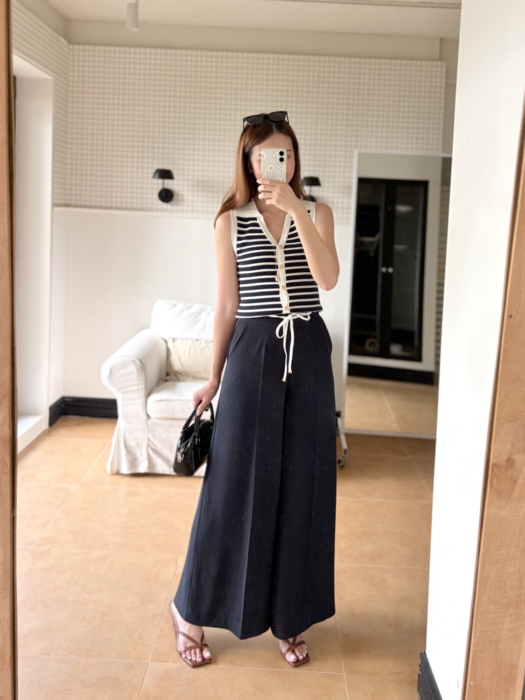 [超涼!!] Contrast Belt Wide Leg Slacks (Navy)