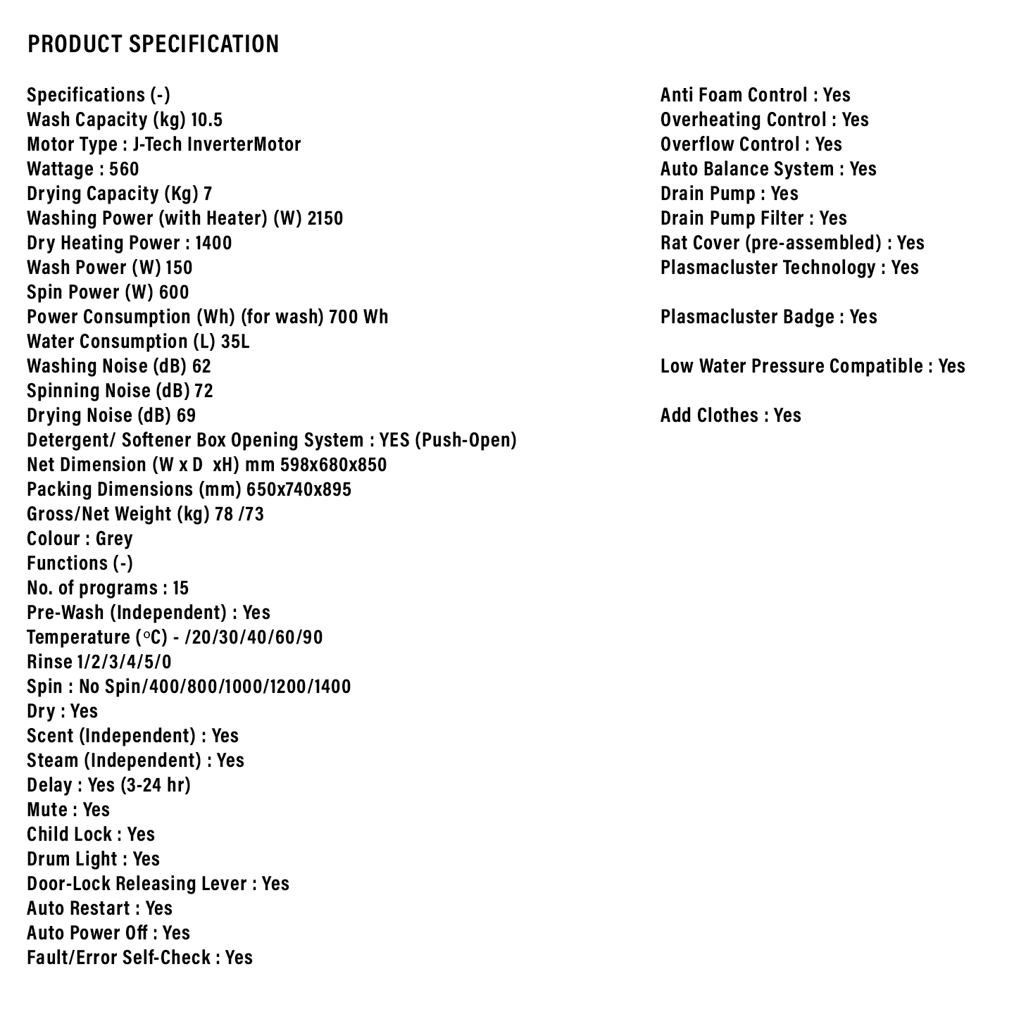 Sharp 10.5kg/7kg J-Tech Inverter Front Load Washer Dryer (ESDK1054PMS)