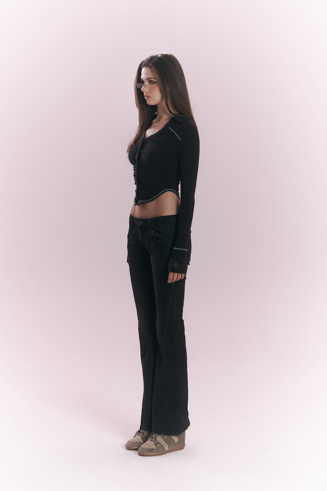 pleaseNOFOLLOW - Mamie Snap Button Slim Shirts (Black)