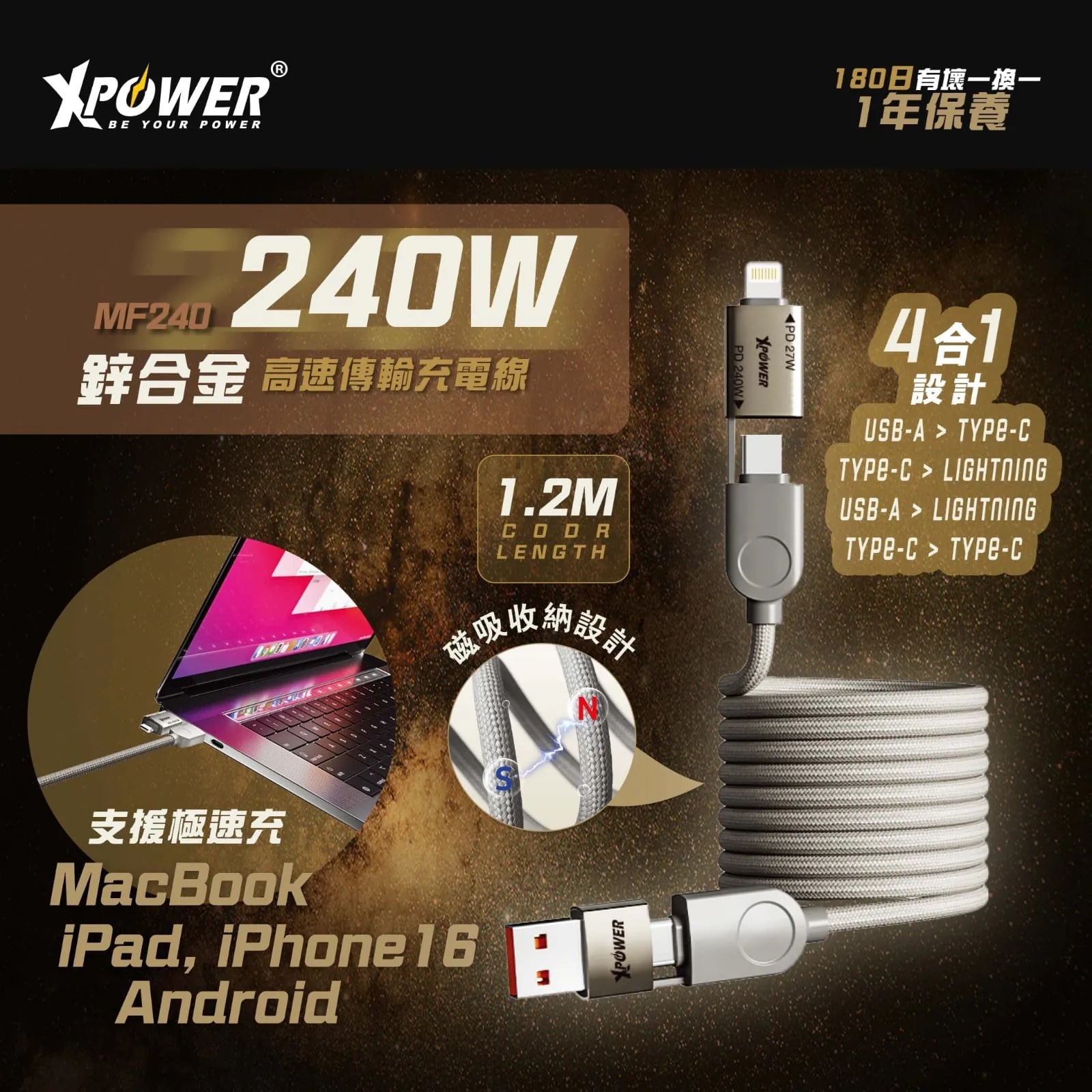 XPower MF240 1.2M 磁吸收納 4合1鋅合金 240W高速傳輸充電線
