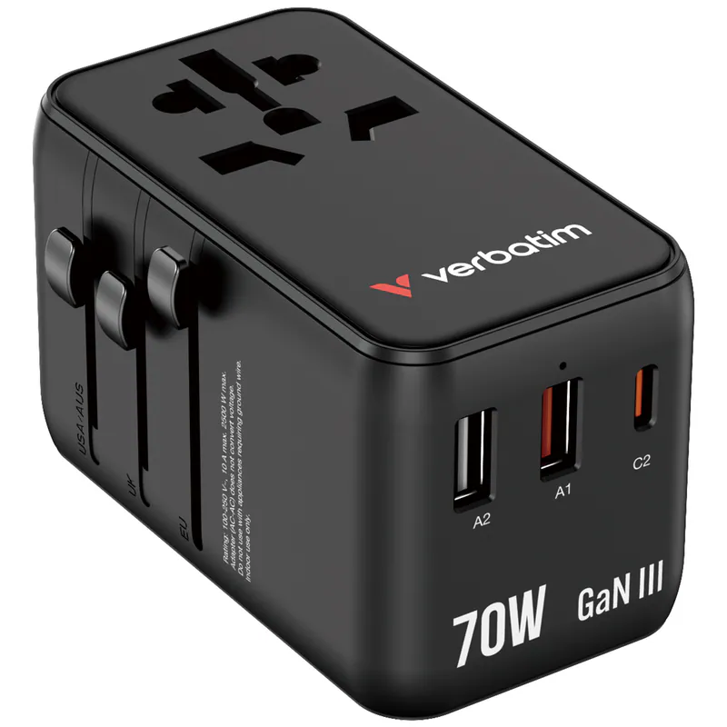 香港行貨 2年保養  Verbatim 威寶 Charge 'n' Travel 70W 通用旅行轉插 (附USB-C可伸縮充電線) 30184