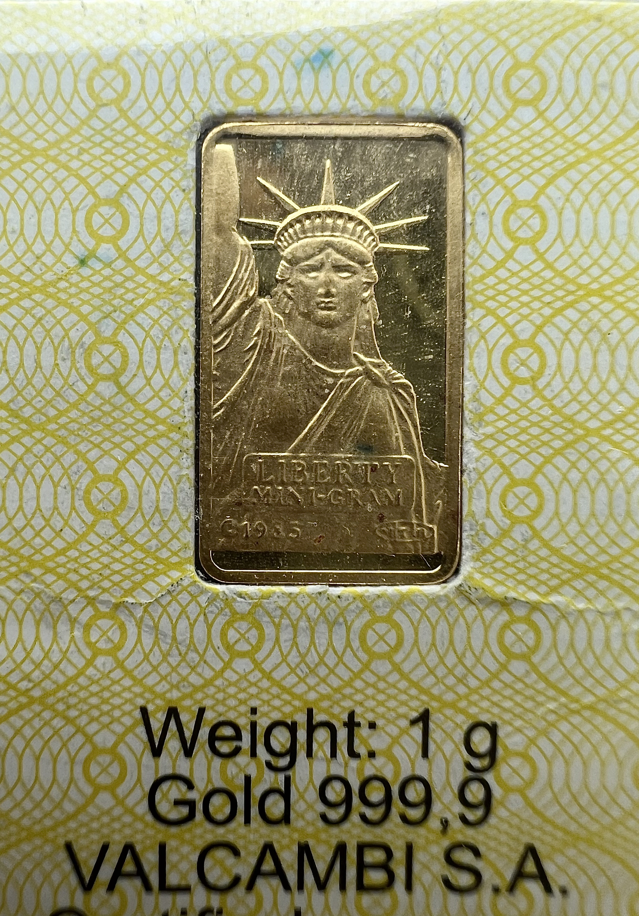 VALCAMBI 🇨🇭RARE Vintage 1985 Liberty 1g Credit Suisse Gold bar Emas 999.9 自由女神