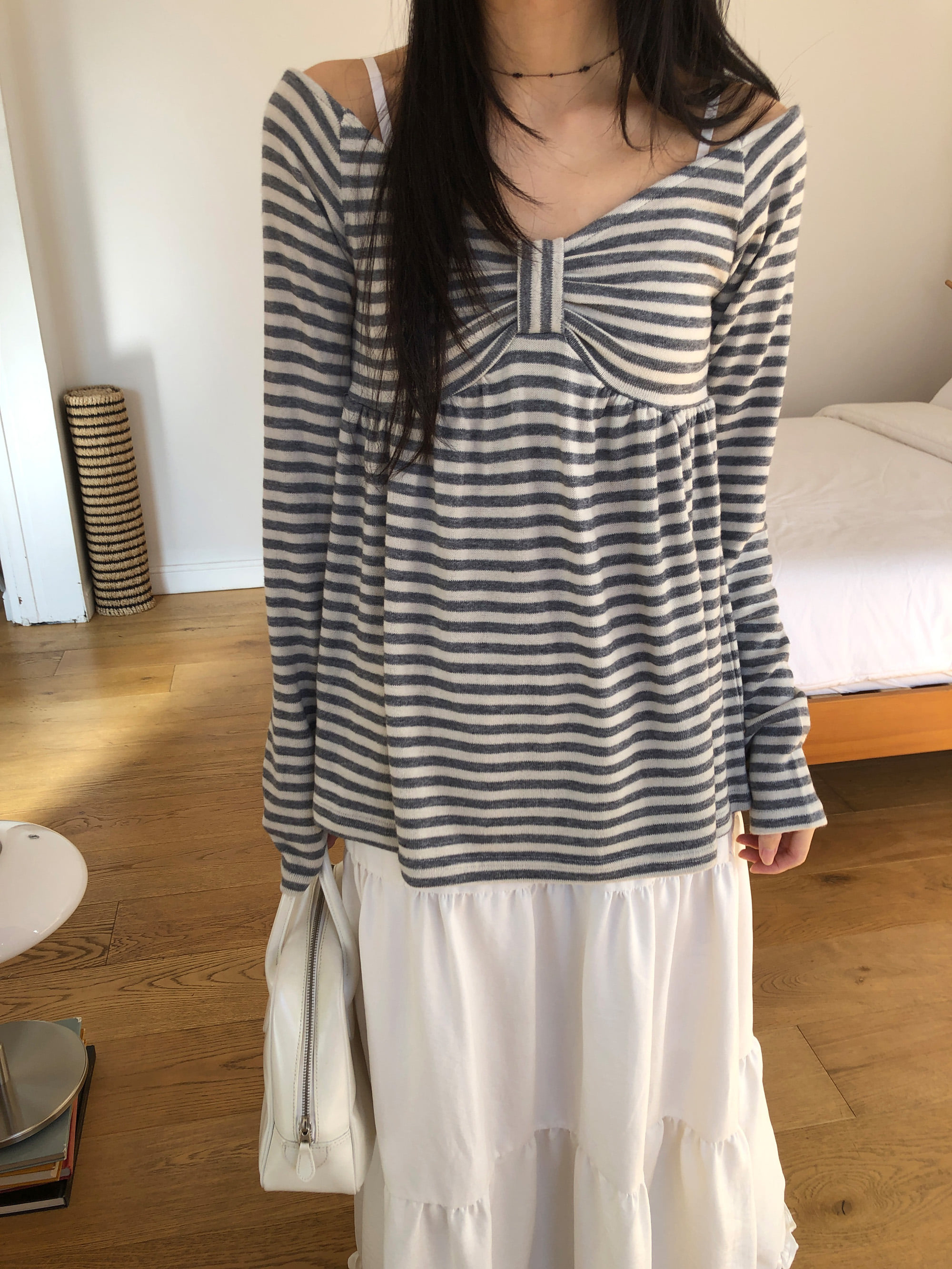 Striped Bow Ruched Long Sleeve
