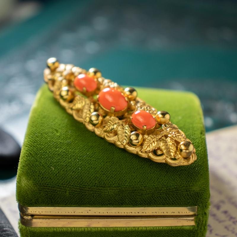 Turn of Century Antique Czechoslovakian Coral Glass Filigree Brooch (AC088)