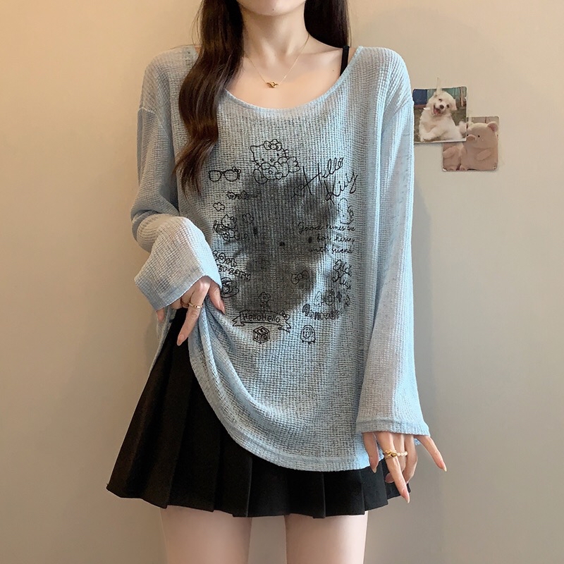 B425(A1249) 韩系甜美风纯色吊带与薄款涂鸦KITTY罩衫蓝白两件套上衣 
