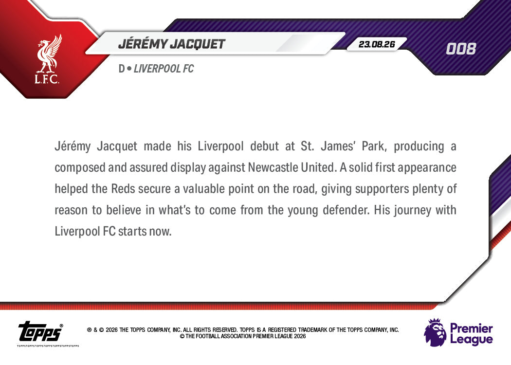 Jérémy Jacquet - 2026/27 Premier League Topps NOW® #8 利物浦地標戰【團購】