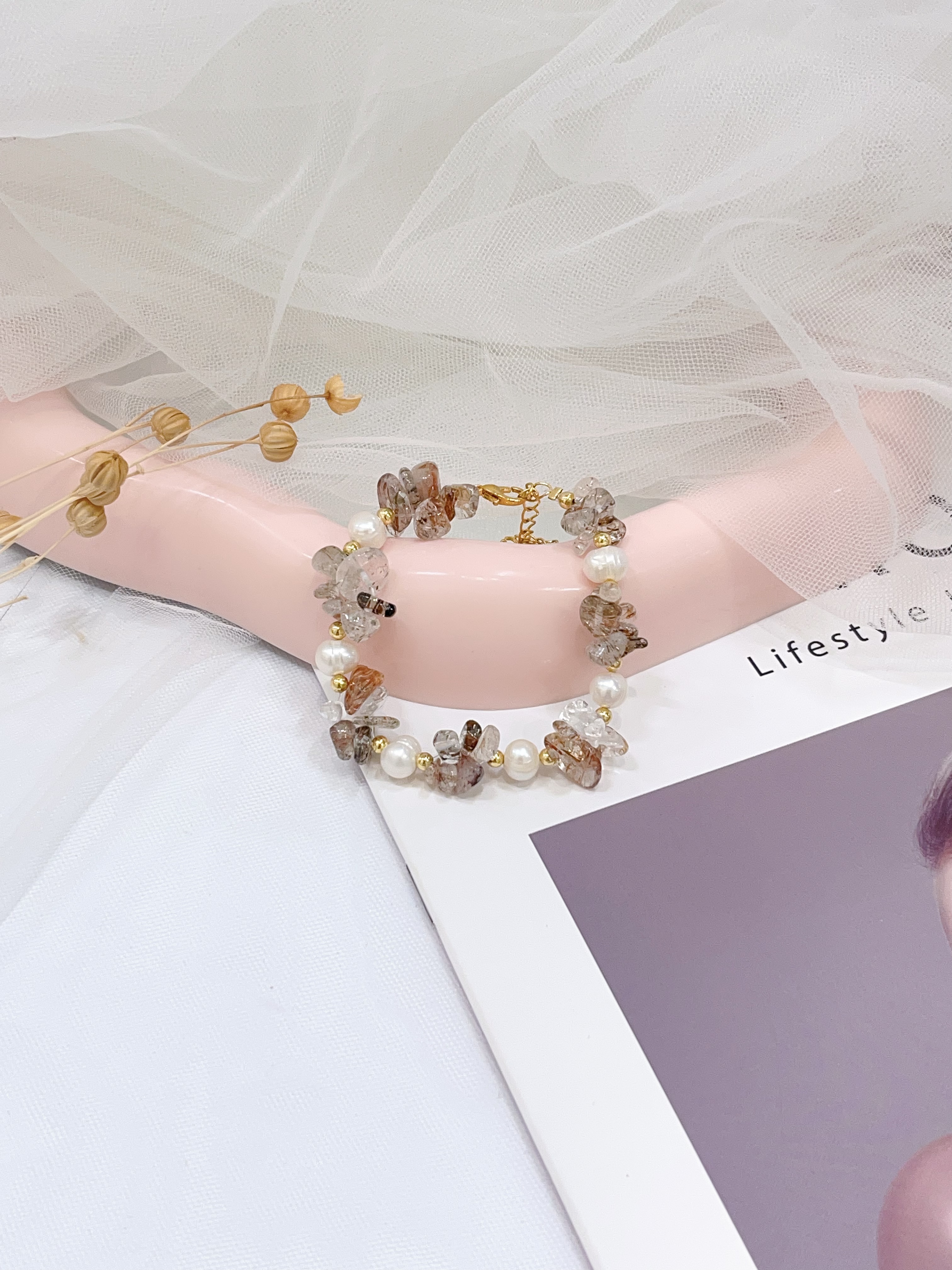 🌈 彩发晶多宝碎石 × 珍珠手串 Multicolor Rutilated Quartz Chips & Pearl