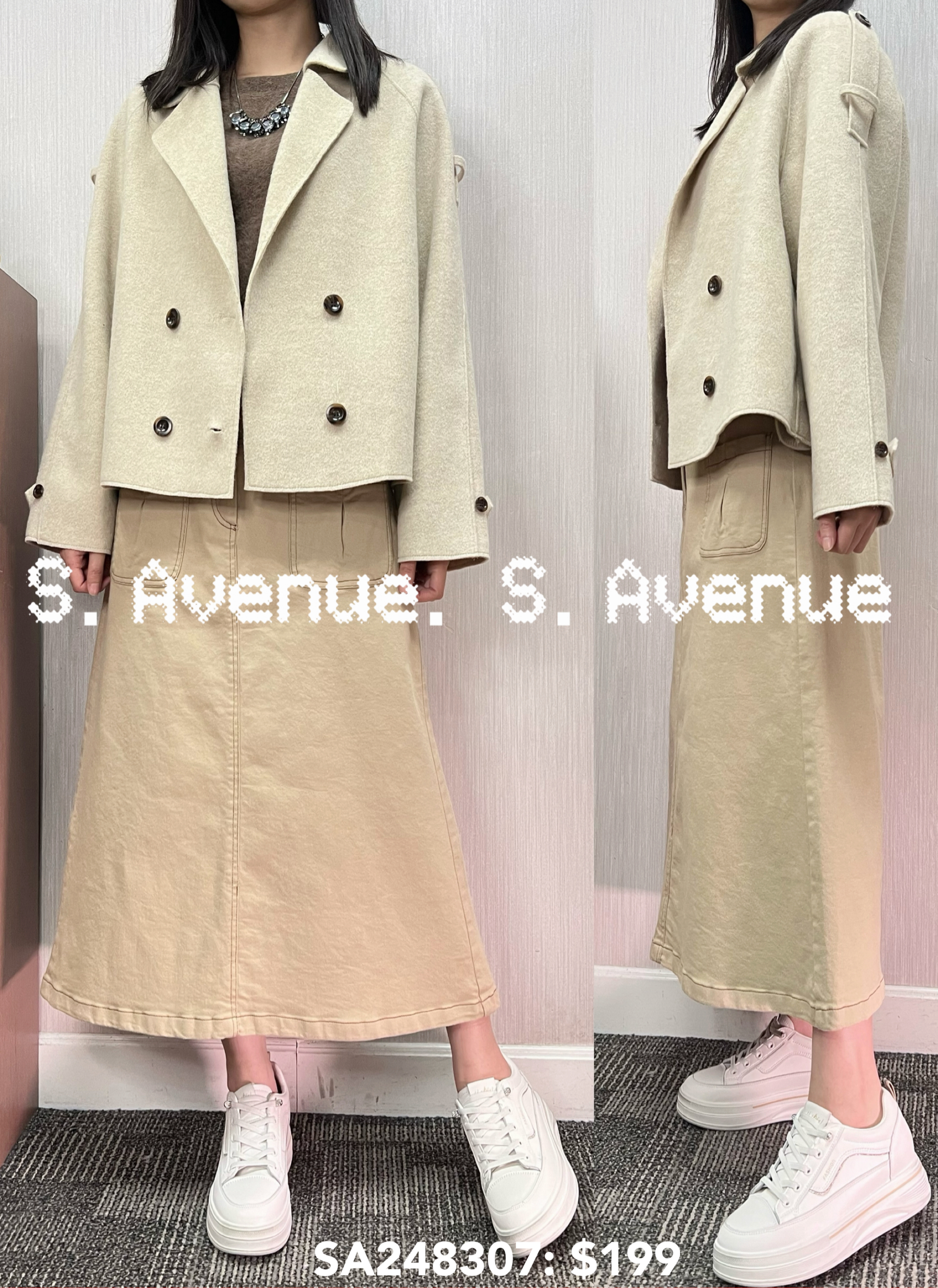 SA248307: 長袖有領雙排鈕短身絨褸