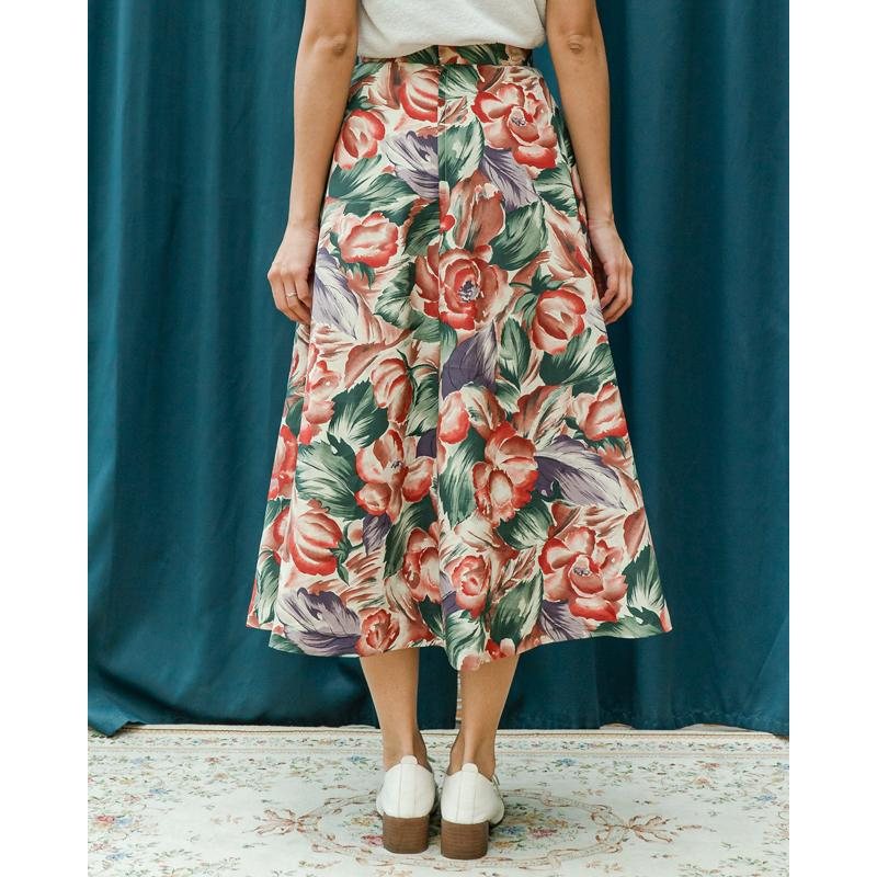 C.a.2000 Designed in Japan Artistic Rose Print Waist Tea Length Swing Skirt - 26"（MT1606-03）
