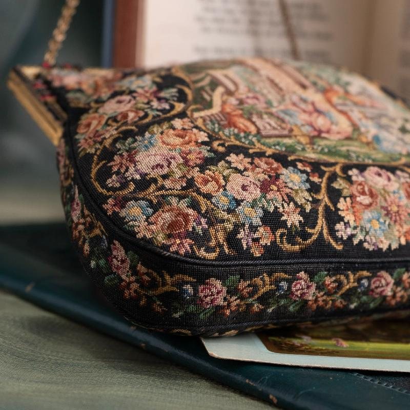 C.a. 1940s Floral & Garden Scenery Tapestry Handbag with Enamel Frame and Champagne Lining (MT2029)