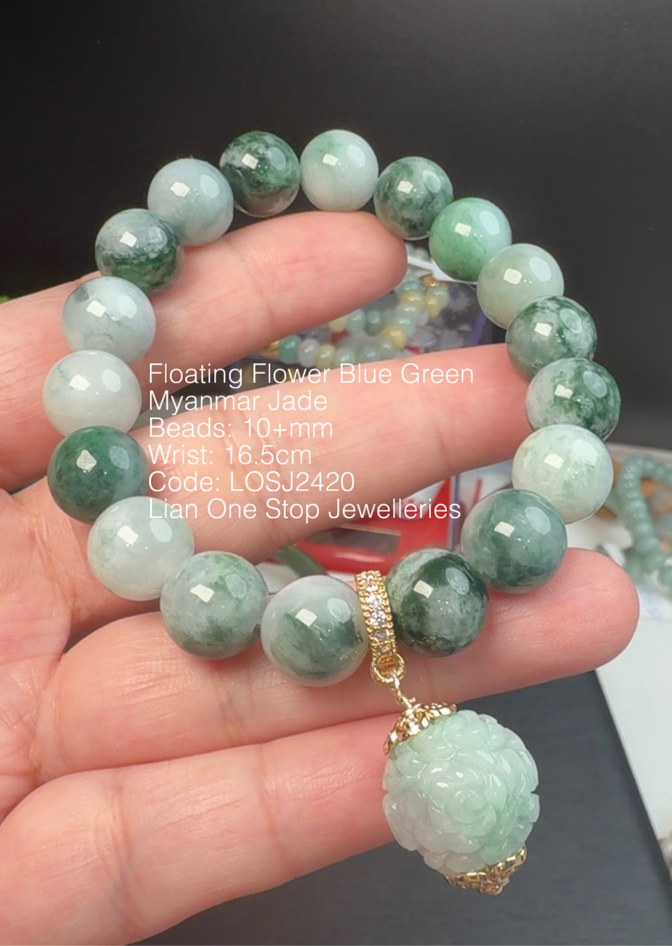 Code: LOSJ2420 Floating Flower Blue Green  Myanmar Jade 10+mm 