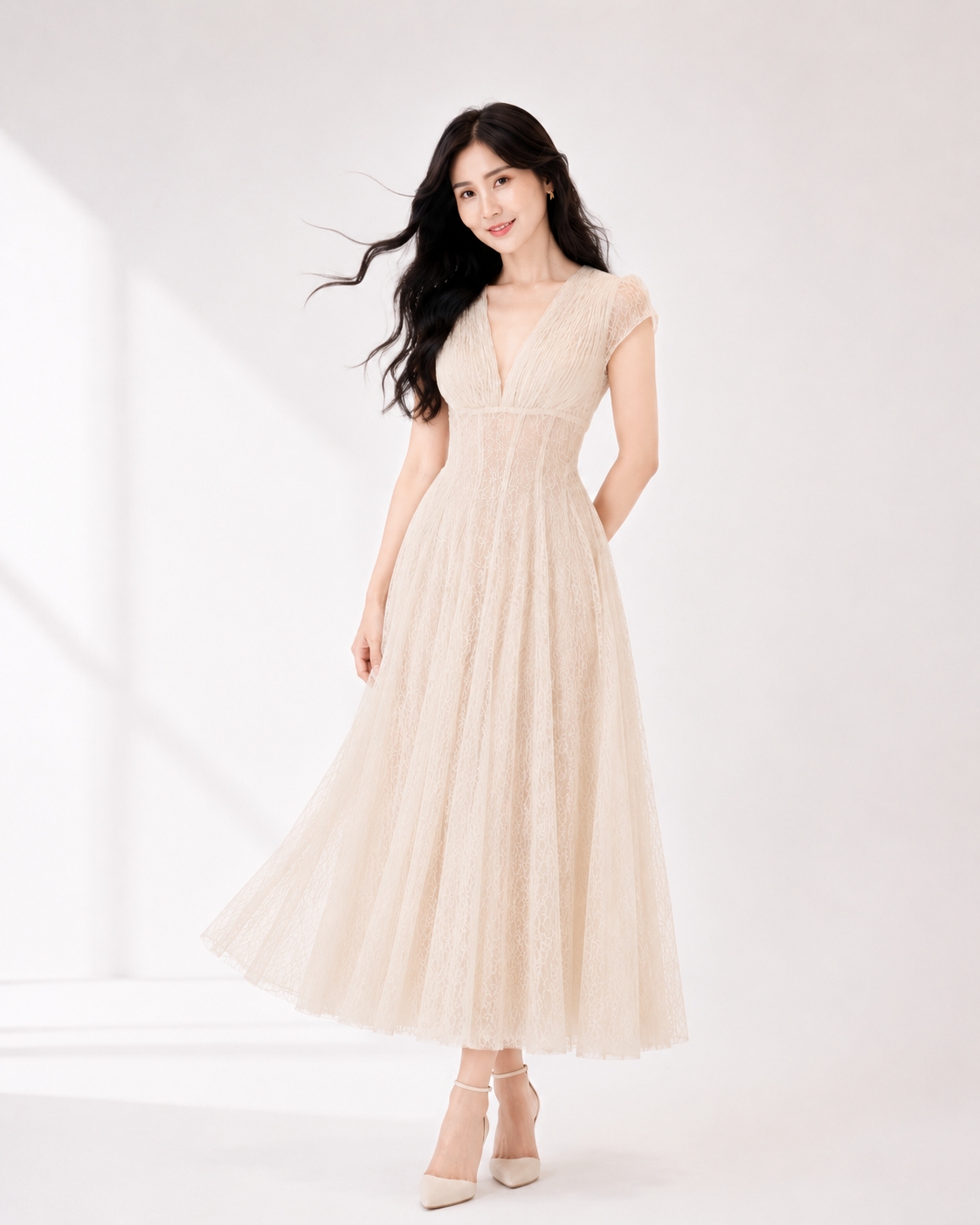 5133 Anastasia Deep V Mesh A-Line Maxi Dress