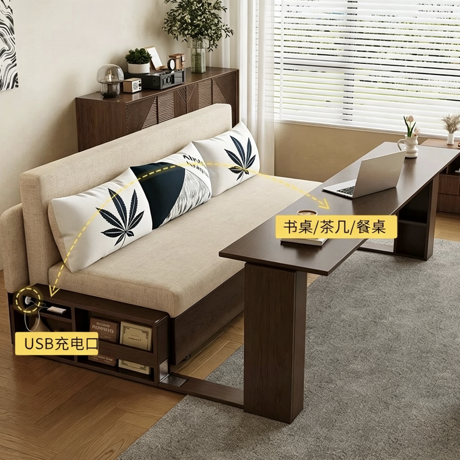 沙發床兩用實木推拉現代簡約沙發床可折疊沙發床多功能儲物沙發sofa bed
