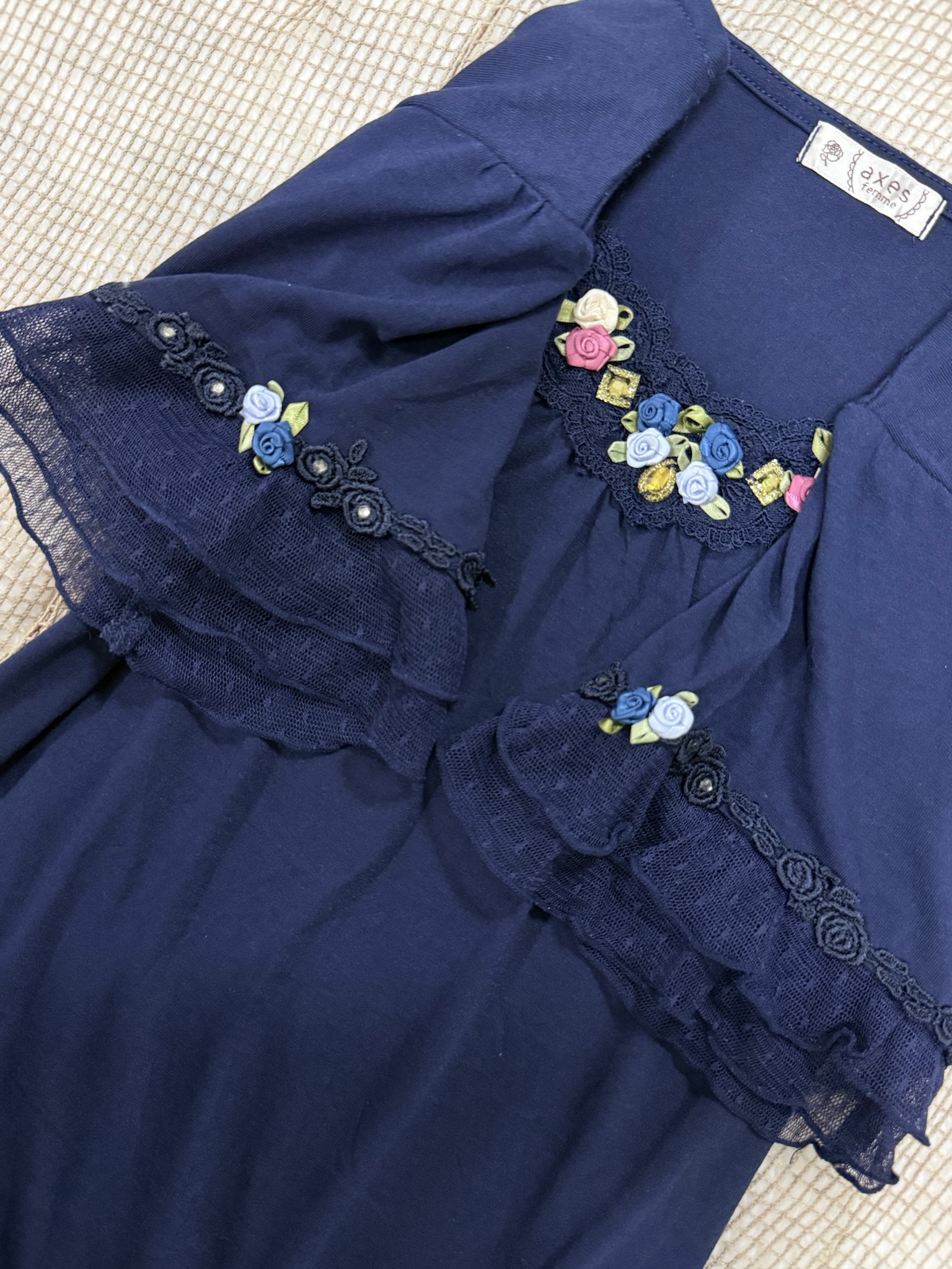 Axes Femme Romantic Navy Knit Top with 3D Rosette & Lace Neckline