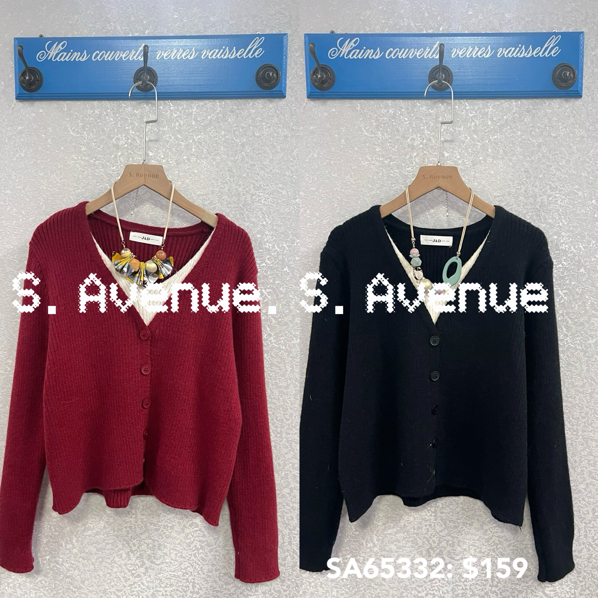 SA65332: 長袖V領有鈕假兩件淨色top