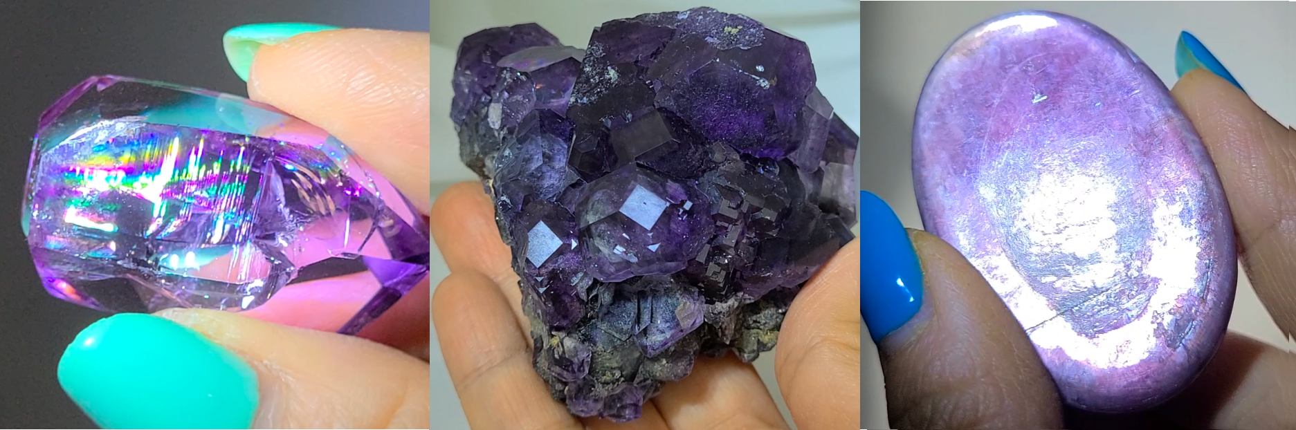 Amethyst with rainbows, purple tanzanite fluorite cluster, and gem lepidolite palm stone.