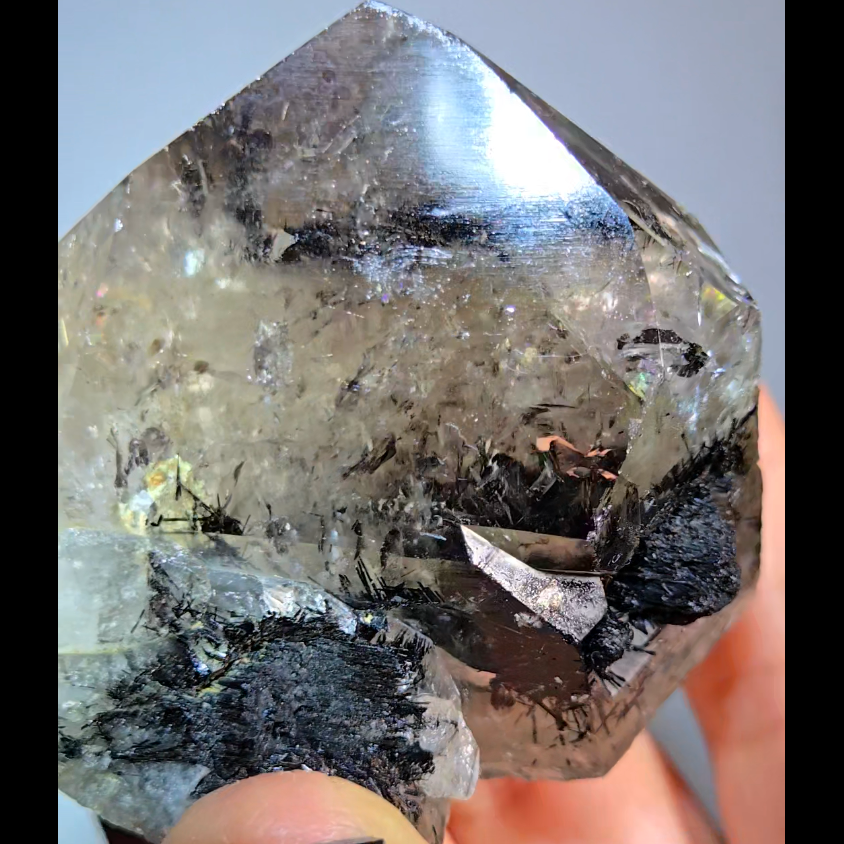 Black tourmaline inclusion smoky quartz with rainbows - RT1457