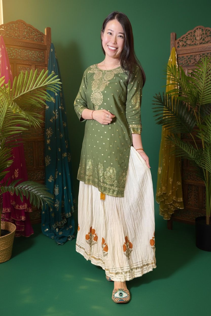 Olive Green Gold Print Embrodiery Kurta #1357