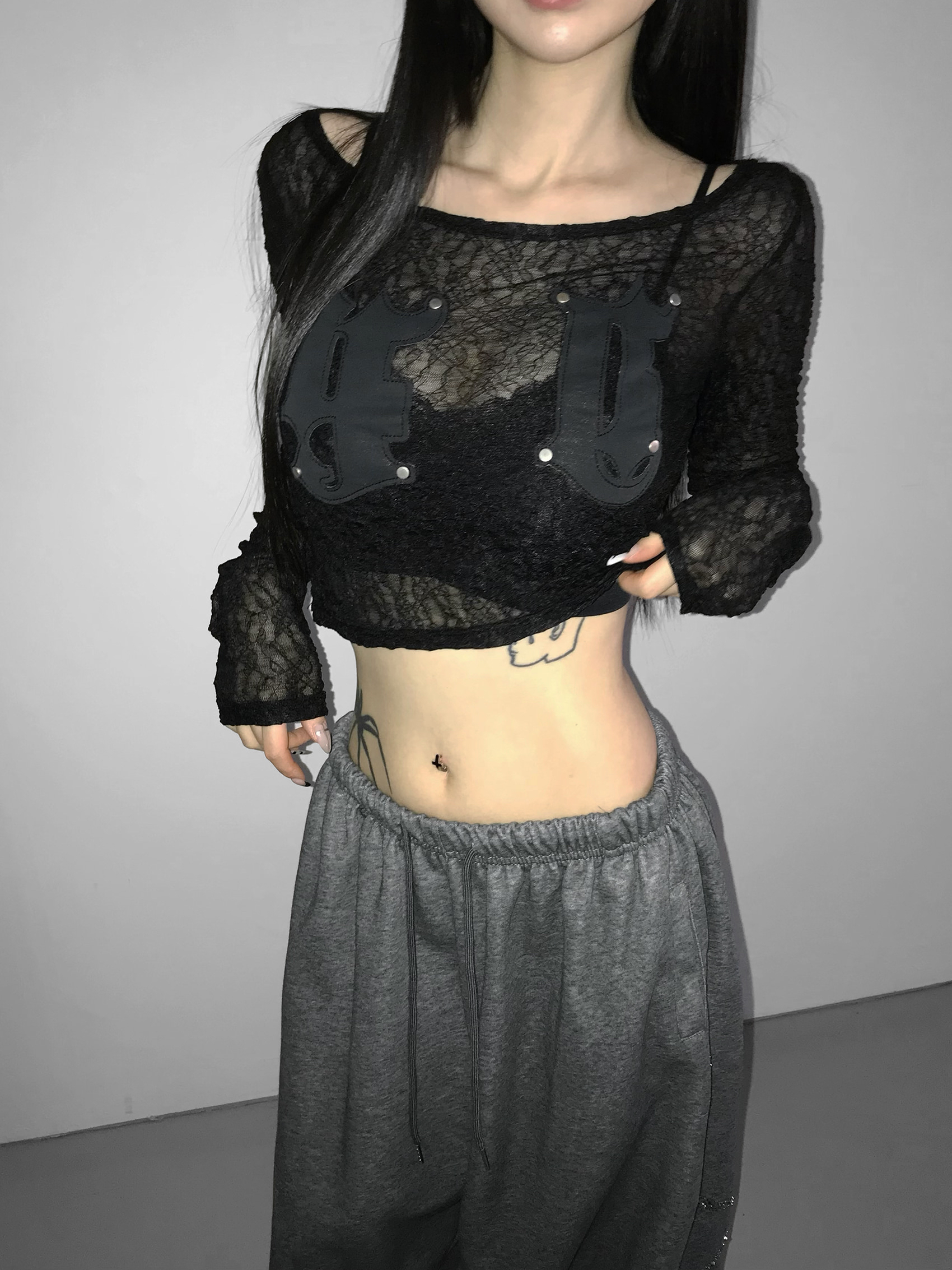 Sheer Lace Round Neck Crop Top