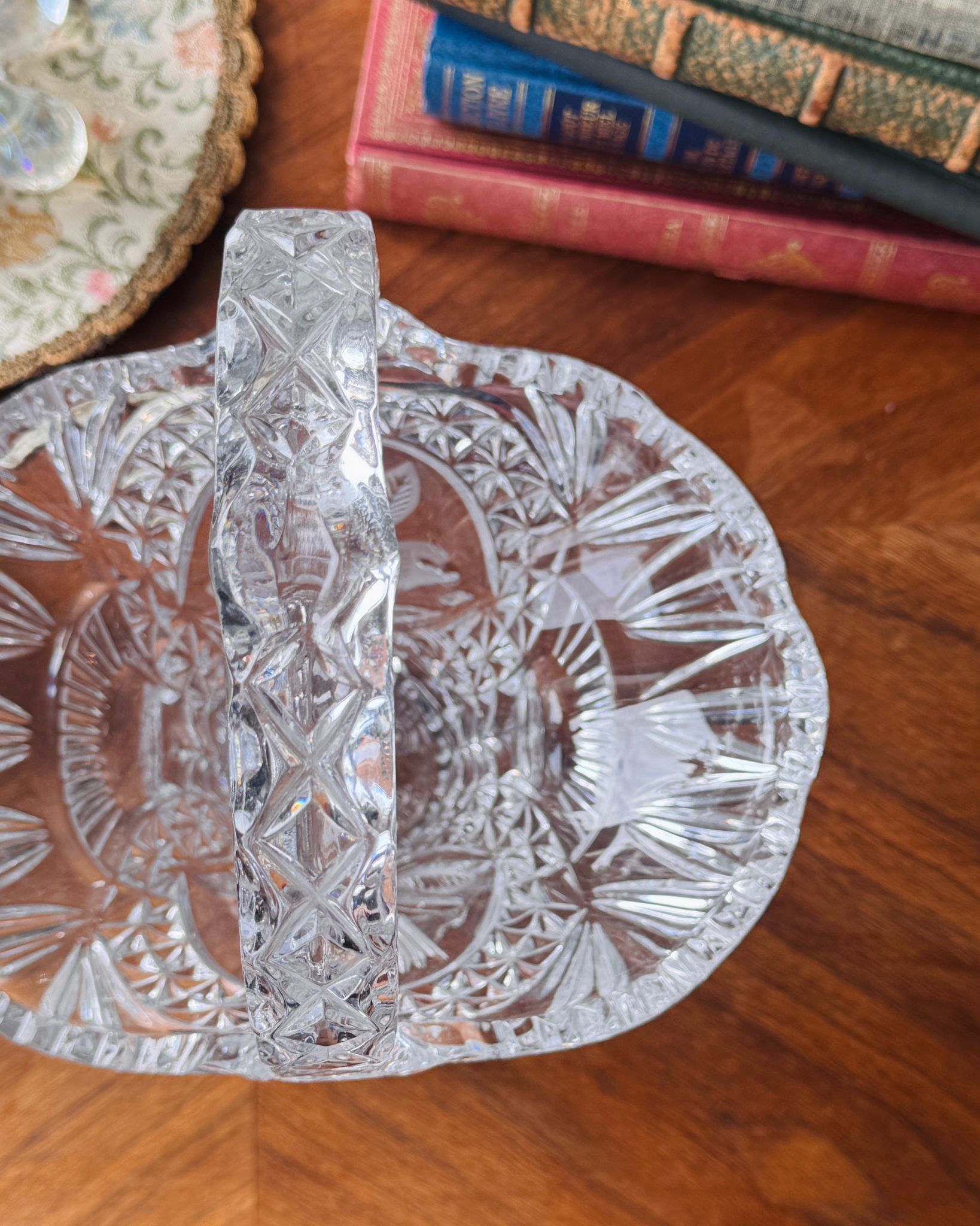Vintage Crystal Birdsong Basket with Sawtooth Rim