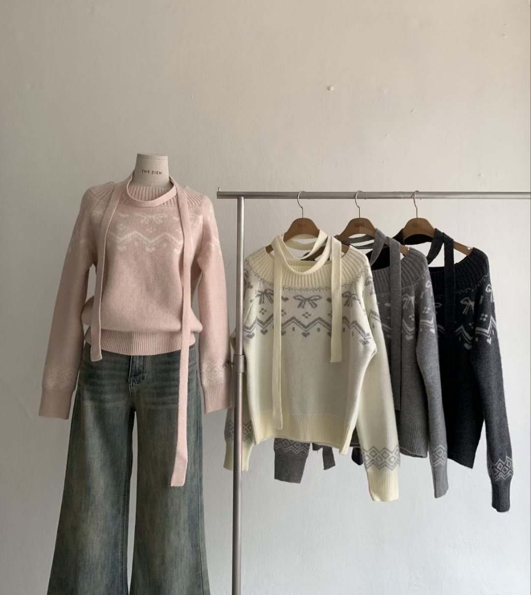 韓國甜美風一字膊蝴蝶結毛衣+掛頸巾