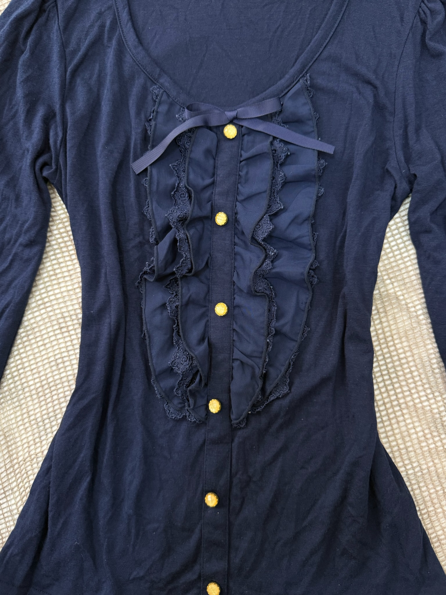 Navy Bow-Neck Ruffled Ribbed Top