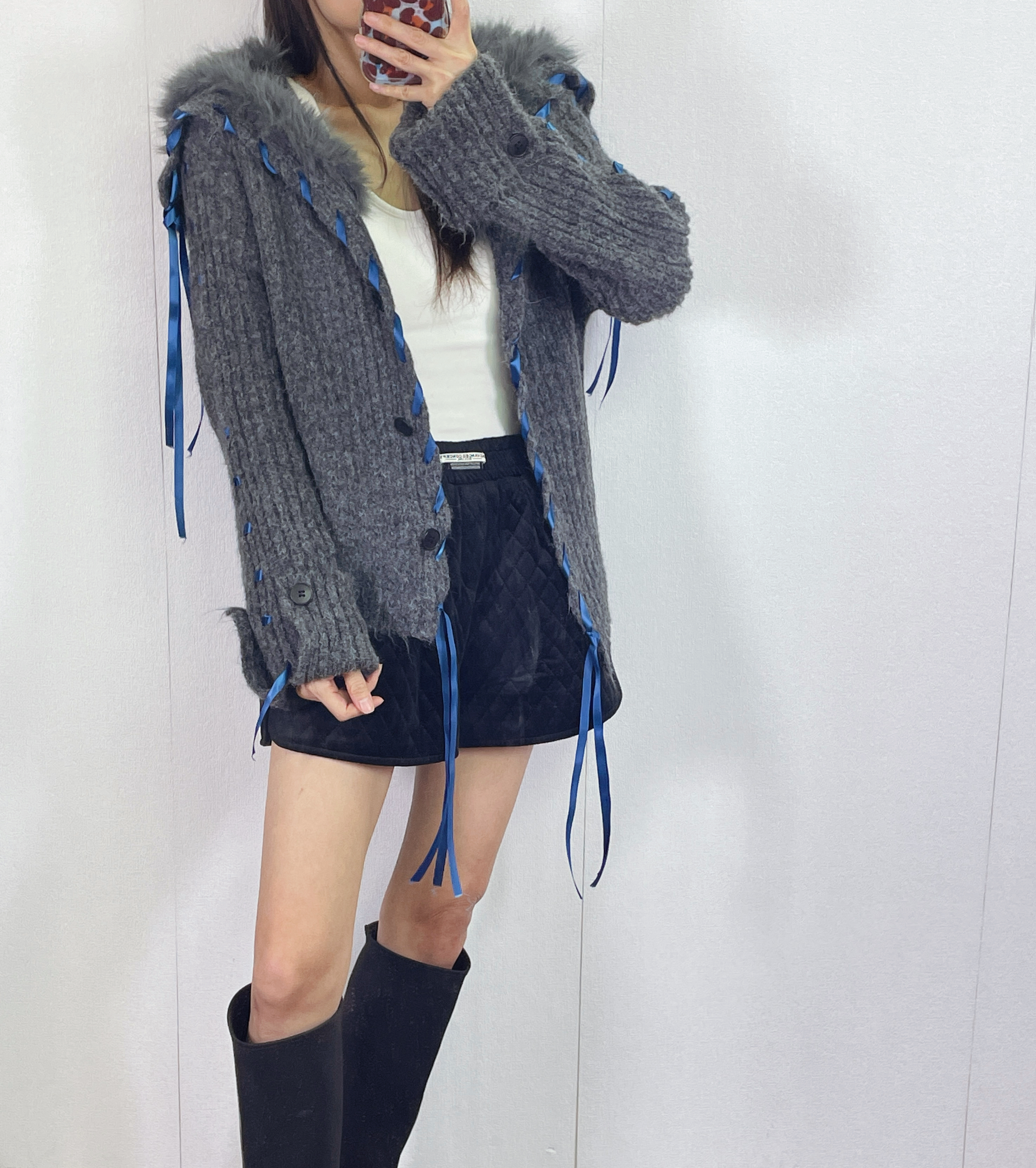 K5531 毛毛領拼絲帶針織外套