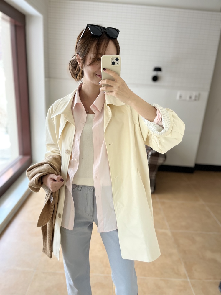 Stripe-Lined Relaxed Trench Coat (Cream)
