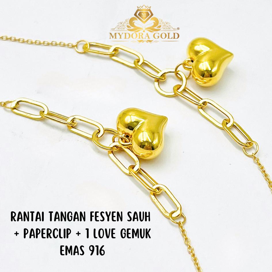 MYDORA Rantai Tangan Fesyen Sauh Paperclip + 1 Love Gemuk l EMAS 916/22K