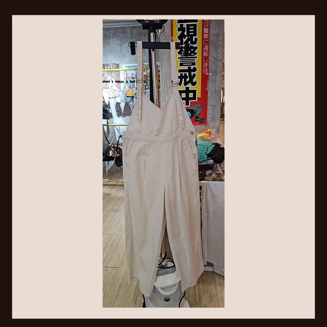 ✨ 日系工裝風格米白色高腰寬鬆連身吊帶褲