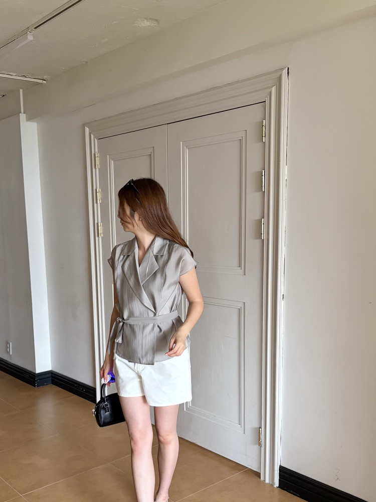 Silky Belted Wrap Blouse (Grey)