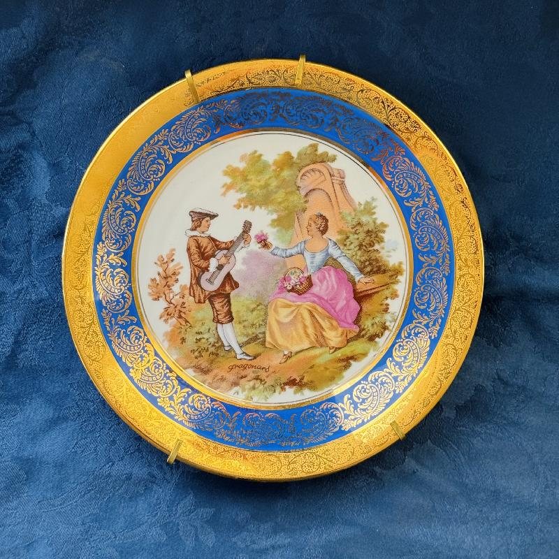 Vintage Stamped LIMOGES FRANCE "FRAGONARD" Courting Couple Porcelain Decorative Plate with Mounted Stand - Blue (MT2019)
