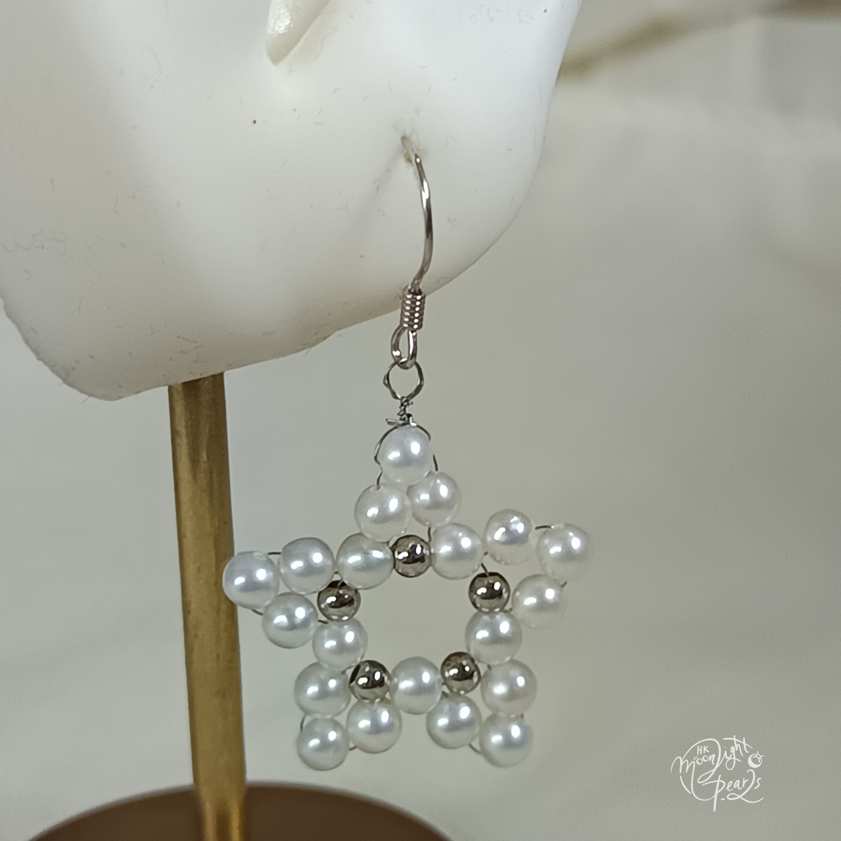 近正圓強光淡水AK白細胞珍珠編織五角星s925銀耳勾