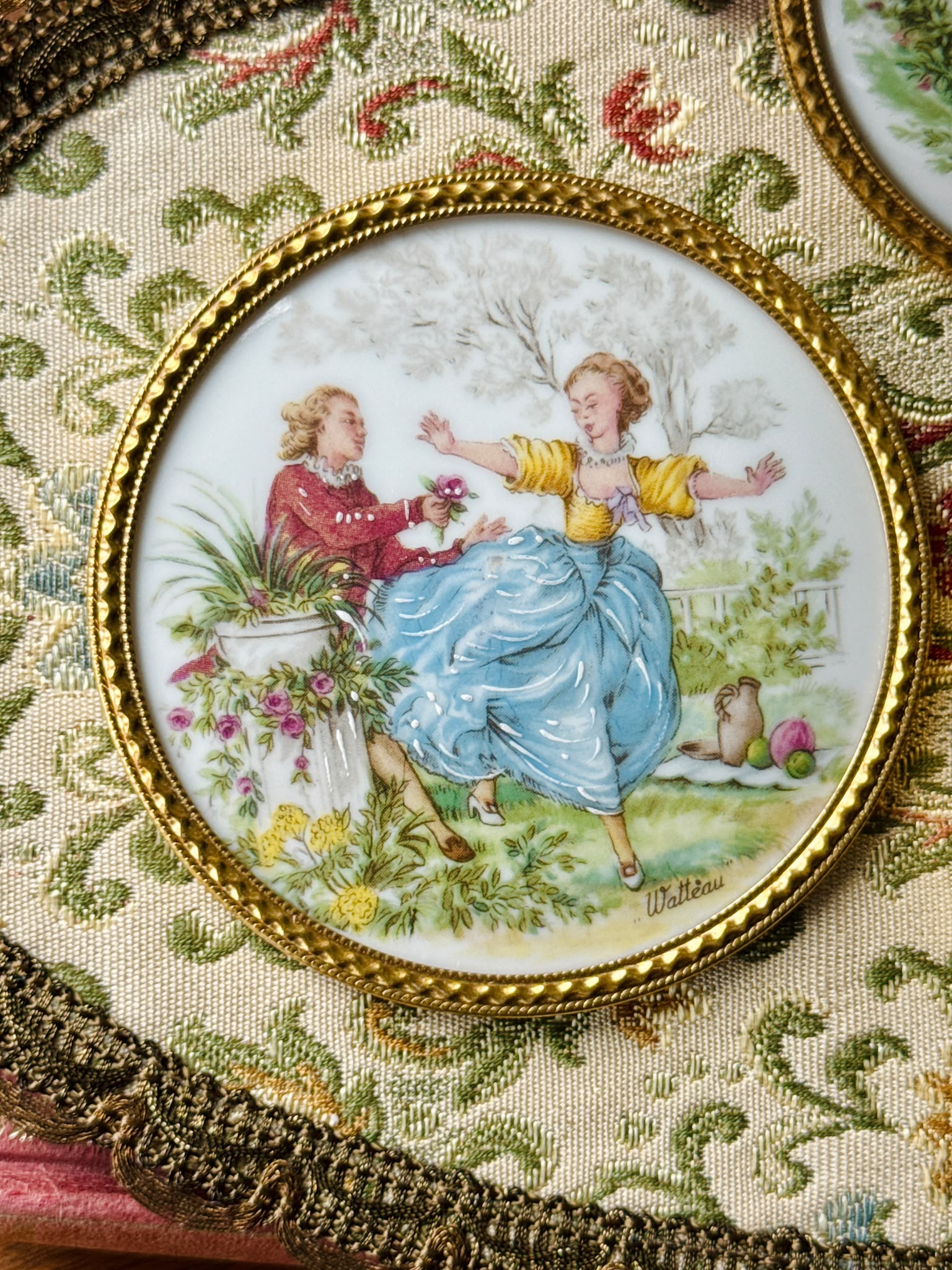 Vintage French Limoges Porcelain Decorative Plaques Rococo courting scenes Gilt metal frames - Set of 3 (MT2632)