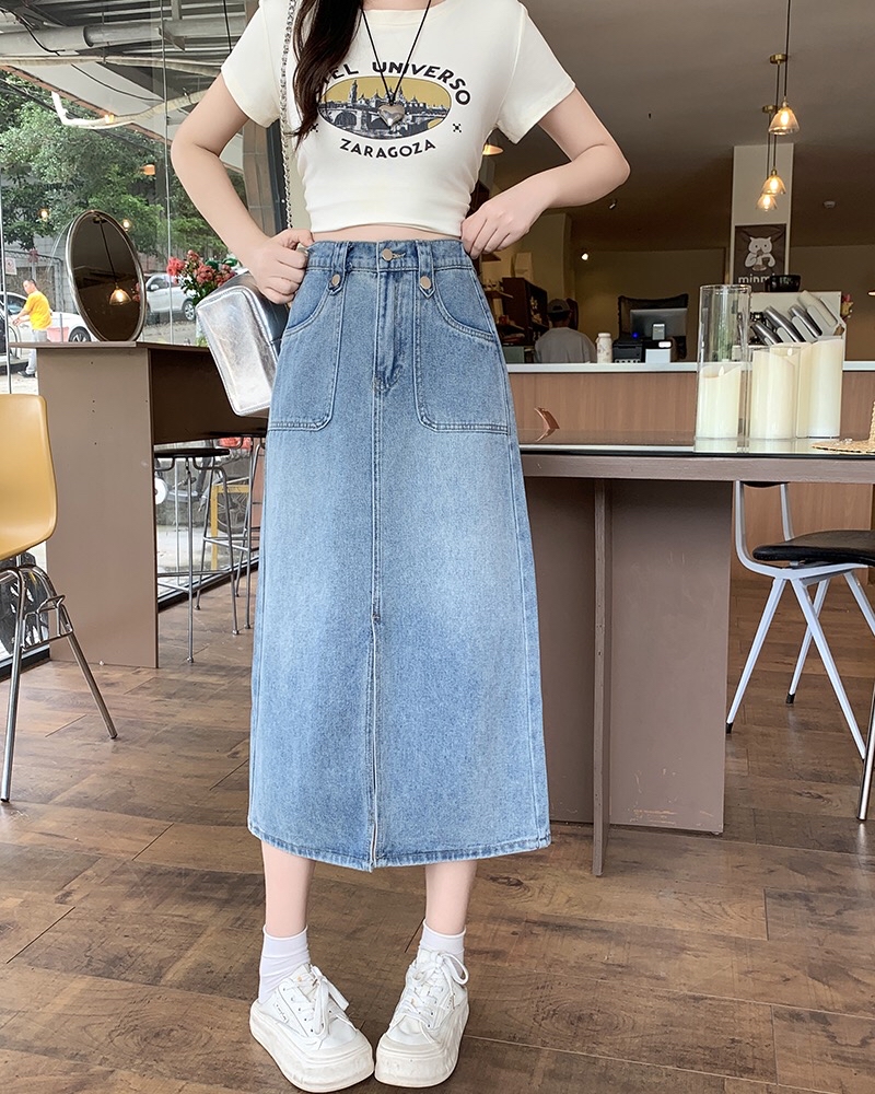 B352(65458) 韩版JEANS单钮扣带双边直角口袋前部开角蓝长裙 