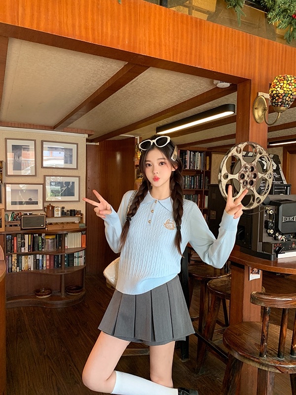 B54(3908) 韩版学院风校徽LOGO麻花纹翻领4色针织上衣