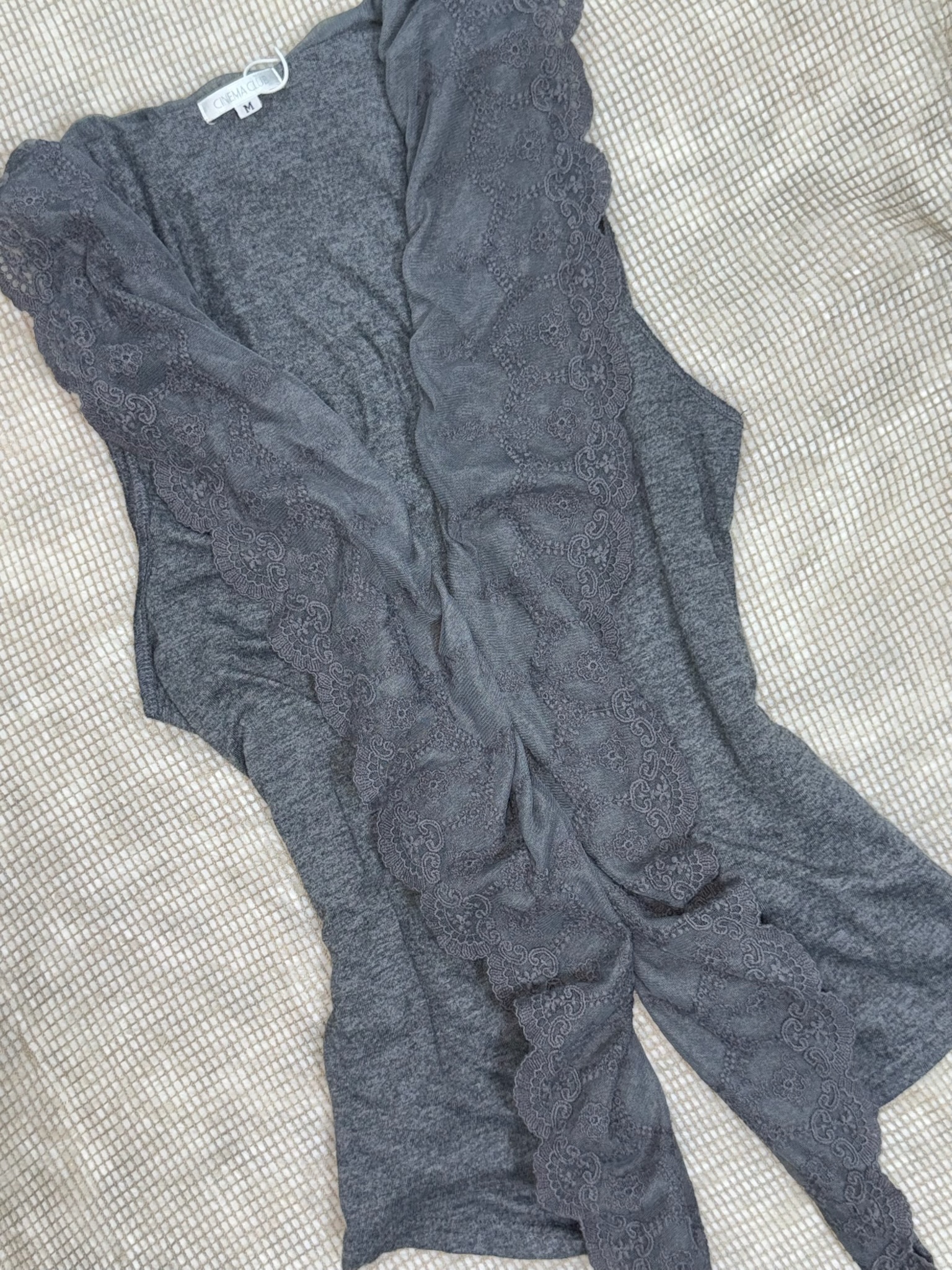 Charcoal Grey Lace Open Front Sleeveless Cardigan
