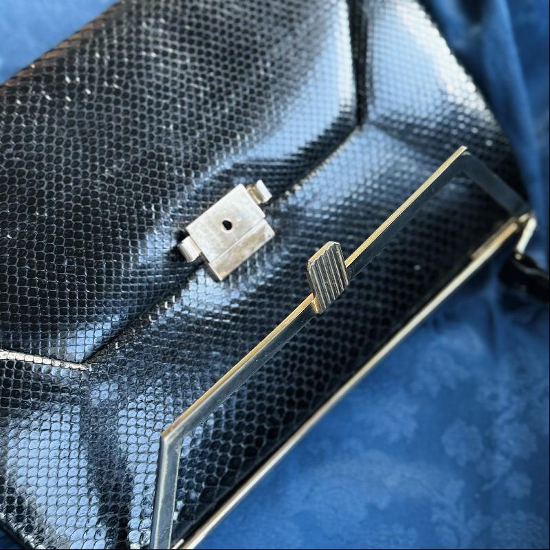 Vintage C.a. 1970s Black Snakeskin & Leather Adjustable Strap Two-Way Handbag from Argentina (MT2024)