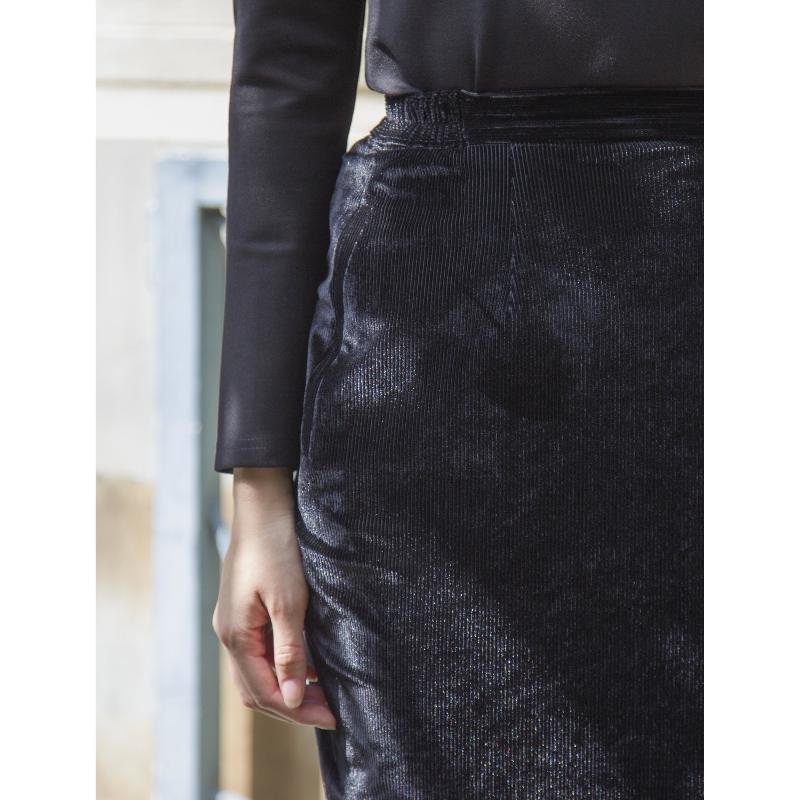 SOLD OUT Classic Black Velvet Pencil Skirt with Vertical Pattern (FM077)