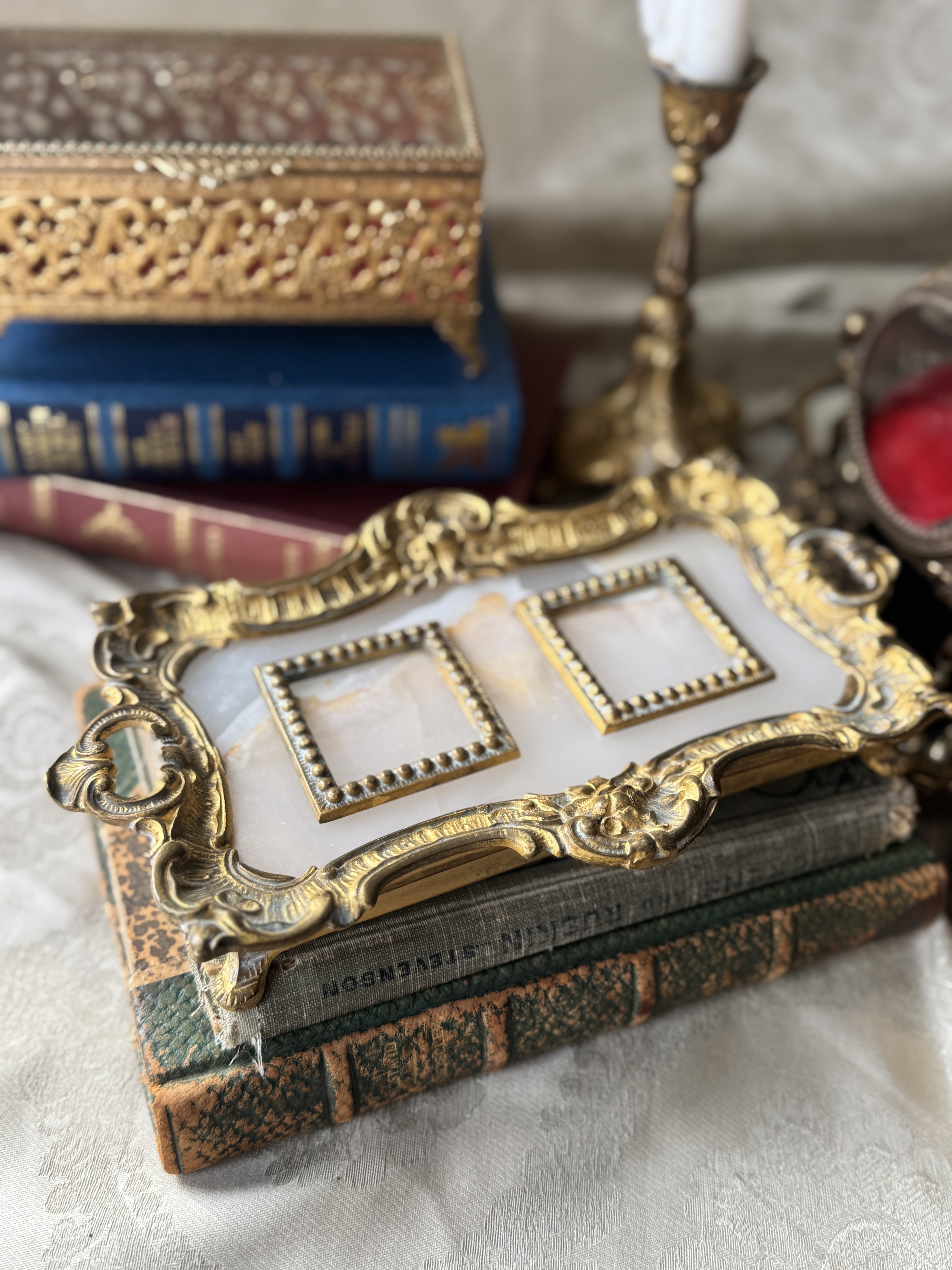 Antique European Late 1800-Early 1900s Alabaster Ornate Tray (MT2488)